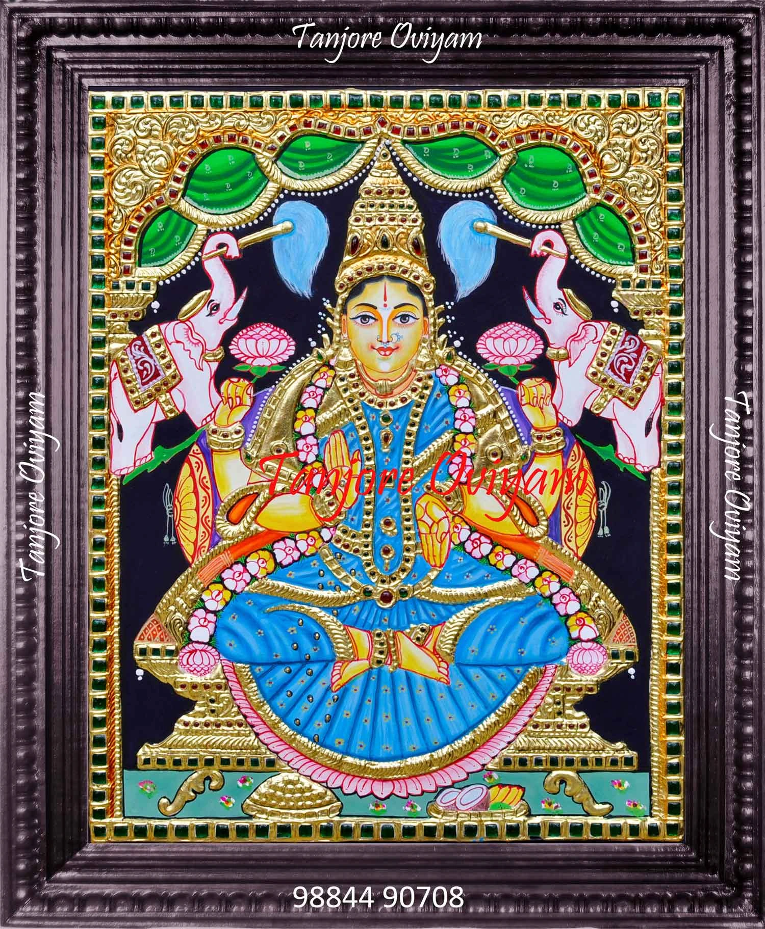 Blue and golden Gajalakshmi Tanjore Painting